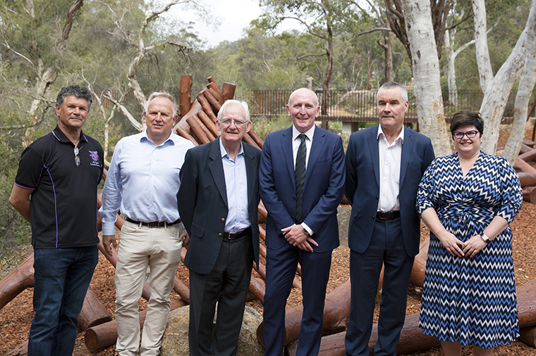 WA Parks Foundation Directors Dr Richard Walley and Richard Simpson, Member for Kalamunda Matthew Hughes MLA, WA Minister for Environment Hon Stephen Dawson, DBCA A/Deputy Director General Peter Dans, Chevron Australia General Manager Corporate Affairs Kate Callaghan.