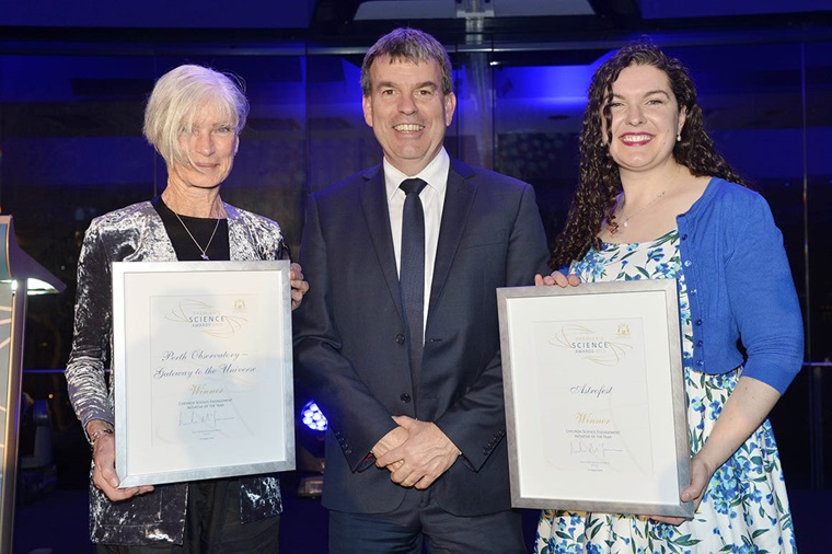 The representatives for Perth Observatory and Astrofest with Science Minister Dave Kelly.